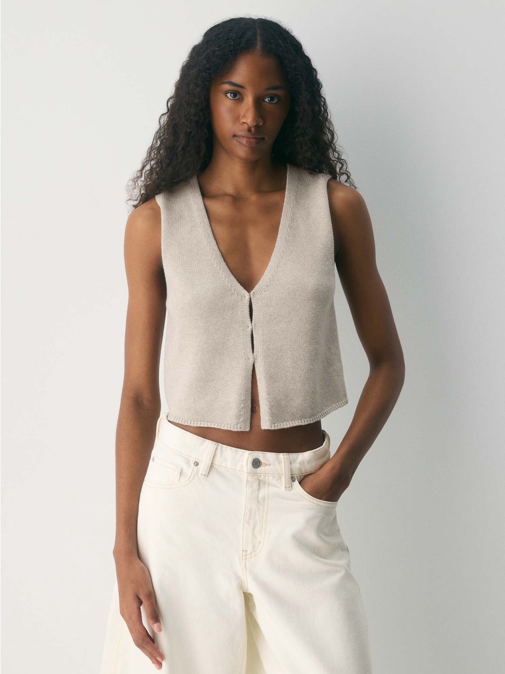 Aritzia Wilfred Cotton Charm Basque Sweater Vest Heather Ecru M Wool Cotton - Picture 2 of 12